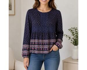 Clover & Scout BOHO Floral Lace Polyester Blouse Size Medium Long Sleeve